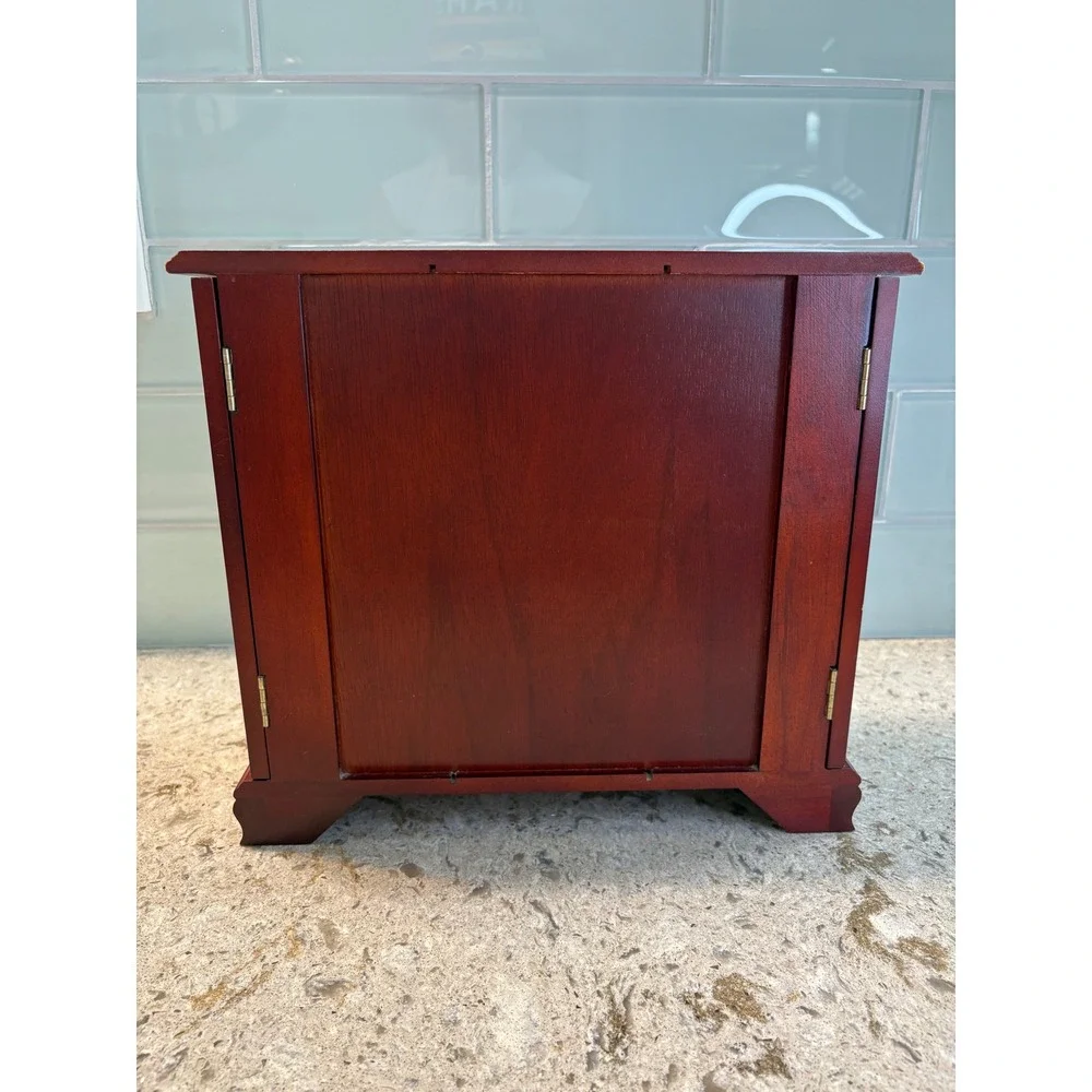 Vintage Wooden Jewelry Armoire Cherry Finish Etched Glass 5 Drawers Mirror Box